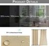 Collage showing different shading levels of curtains, a close-up of fabric with water droplets, and a pair of beige curtains. Podgląd zdjęcia produktu