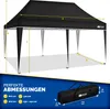 A diagram showing the dimensions of a black pop-up gazebo, with a separate image of the folded gazebo in its carrying bag. Anteprima dell’immagine prodotto