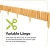 A wooden fence border with a graphic of scissors and text explaining its variable length. Voir les images du produit