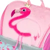 A close-up of a pink plush backpack with a flamingo design. Náhľad obrázku produktu