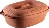 A terracotta oval pot with a lid and handles, decorated with a Greek key pattern around the rim of the lid. Voir les images du produit