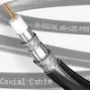 A close-up, cutaway view of a coaxial cable, showing its internal structure and outer casing. The cable is coiled in the background. Produktbild-Vorschau