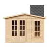 A wooden garden house with double doors and a window, shown against a white background. A sample of black bituminous shingles is shown in the top right corner. Produktbild-Vorschau
