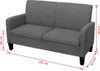 A dark gray two-seater sofa with dimensions indicated by red lines and text. Náhled obrázku produktu