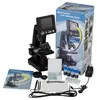 A Bresser LCD microscope and its accessories are displayed on a white background, along with its packaging. Produktbild-Vorschau