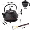 A diagram showing the dimensions of a cast iron teapot set, including a teapot, a cup, and a tea tool. Podgląd zdjęcia produktu