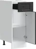 A white kitchen base cabinet with a black drawer and an open black door, showing two shelves inside. Produktbild-Vorschau