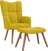 A yellow velvet armchair and ottoman set on a white background. Produktbild-Vorschau