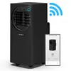 A black portable air conditioner unit is shown with a smartphone displaying its app interface. Produktbild-Vorschau