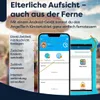 A child's tablet and a smartphone displaying parental control features, set against a blurred background of a beach scene. Produktbild-Vorschau