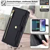 A black leather phone case with a zipper and card slots is shown, with a phone inside a separate inset image. The background is a blurred outdoor scene. Produktbild-Vorschau