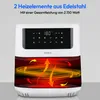 A white air fryer with a digital display and a graphic showing heat circulation. Produktbild-Vorschau