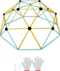 A geodesic dome climbing structure with accessories laid out below it.