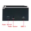 The back of a black SATA HDD docking station is shown, with labels pointing to its ports and controls. Náhled obrázku produktu