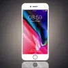 A white and gold iPhone is displayed against a dark gray background, showing its lock screen. Produktbild-Vorschau