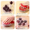 A four-panel instructional image showing how to use a cherry pitter. Náhled obrázku produktu