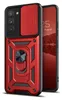A red and black phone case with a camera cover and ring holder is shown next to a smartphone. Produktbild-Vorschau