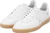 A pair of white athletic shoes with tan soles. Produktbild-Vorschau
