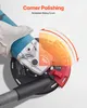 Close-up of an angle grinder with a dust shroud attachment, demonstrating its corner polishing capability with a protractor overlay. Voir les images du produit