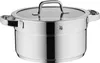 A stainless steel pot with a glass lid and handles, shown from a front-side angle on a white background. Produktbild-Vorschau