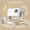 A white projector is displayed on a stand, surrounded by audio accessories and musical notes, suggesting a focus on sound quality. Produktbild-Vorschau