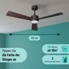A ceiling fan with lights is installed on the ceiling in a room with teal walls. Text overlays provide product specifications. Produktbild-Vorschau
