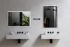 A modern bathroom scene with two sinks and mirrors. One mirror reflects plants, and the other reflects a person showering. Produktbild-Vorschau