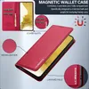 A red magnetic wallet case for a Samsung Galaxy S21 FE 5G, with close-ups highlighting features like card slots and leather texture. Produktbild-Vorschau