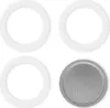 Four items for an espresso maker are laid out on a white background. Three are white rings and one is a gray metal filter. Voir les images du produit
