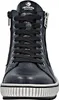 A close-up front view of a pair of blue leather high-top sneakers with black laces and a side zipper. Produktbild-Vorschau