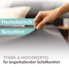 A hand is shown stretching a grey fabric, likely a bedsheet, to demonstrate its elasticity. Text overlays highlight product features. Produktbild-Vorschau