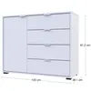 A white kommode with drawers and a door, shown from a side-angle with dimensions indicated. Náhľad obrázku produktu