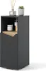 A dark gray cabinet with a wooden shelf and decorative items on top. Náhled obrázku produktu