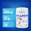 A product shot of a collagen powder container with marketing text and nutritional information displayed on a blue background. Produktbild-Vorschau