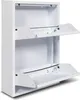 A white metal shoe cabinet with two open doors. Podgląd zdjęcia produktu