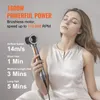 A woman is holding a hairdryer and appears to be drying her hair. Text overlays provide product specifications and usage times. Produktbild-Vorschau