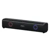 A black soundbar speaker with red and blue LED lights on a white background. Náhled obrázku produktu