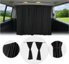 A collage of images showing black car curtains, including a close-up of the fabric and how they are tied back. Voir les images du produit
