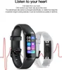 Two smartwatches, one black and one white, are displayed with marketing text and graphics. Produktbild-Vorschau