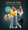 A group of young adults are depicted in a dynamic and active pose, suggesting vitality and energy. The background is a dark, gradient teal, creating a sophisticated and modern feel. A circular emblem with mountain imagery and text is visible, along with a  Náhled obrázku produktu