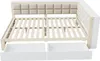 A white bed frame with a slatted base and a tufted headboard, shown with two open drawers underneath. Náhled obrázku produktu
