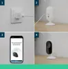 A four-panel image showing the setup process for an Arlo Essential 2 2K Indoor Camera. Produktbild-Vorschau