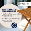 A close-up of a wooden garden table with marketing text and a logo. Produktbild-Vorschau