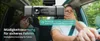 A dashcam is mounted inside a car, with a driver and passenger visible. The driver appears to be yawning or covering their mouth, suggesting fatigue. Text overlays highlight a fatigue warning system. Produktbild-Vorschau
