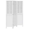A white three-panel room divider with a woven pattern on the top half and vertical slats on the bottom half, set against a white background. Produktbild-Vorschau