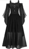 A black medieval-style dress with off-the-shoulder trumpet sleeves and a lace-up bodice, displayed on a white background. Anteprima dell’immagine prodotto