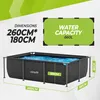 A diagram and image of a rectangular swimming pool with dimensions and water capacity indicated. Produktbild-Vorschau