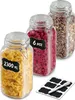 Three glass jars filled with food items, with labels and a pen on a white background. Podgląd zdjęcia produktu