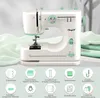 A white and green sewing machine is displayed on a light gray and white background, with folded fabric to the right. Below the sewing machine are circular icons with text describing its features. Produktbild-Vorschau