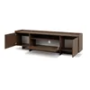 A dark wood TV stand with three doors, two of which are open, and an open shelf in the middle. The stand is shown from a slightly elevated side angle against a white background. Produktbild-Vorschau